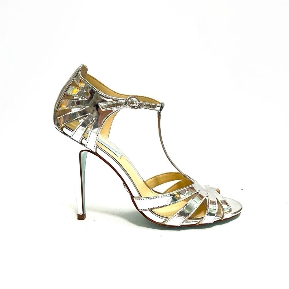 Vintage Y2K reflective silver vegan leather cutout t-strap dancing heels